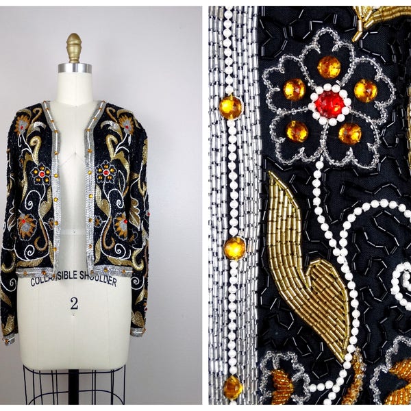 S/M Jewel Beaded Bolero / Avant Garde Jeweled Sequined Cropped Jacket