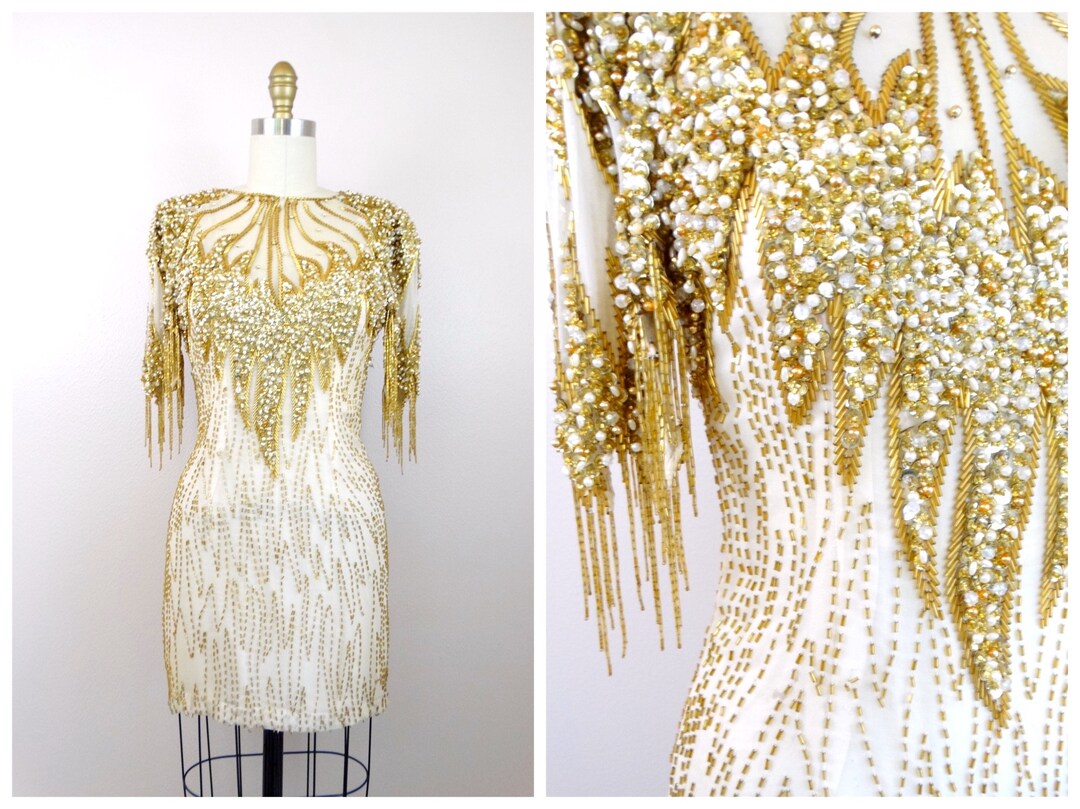 XS/S Gold Fringe Beaded Sequin Mini Dress // Gatsby Flapper Dress // Pearl Embellished Ivory ...