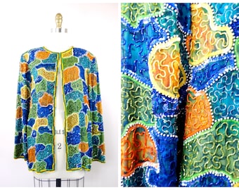 M/L Mosaic Beaded Jacket // Blue Green Orange Yellow Camouflage Sequin Jacket