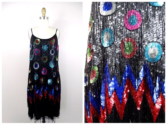 RARE Fringe Beaded Dress // Rainbow Sequined Circ… - image 5