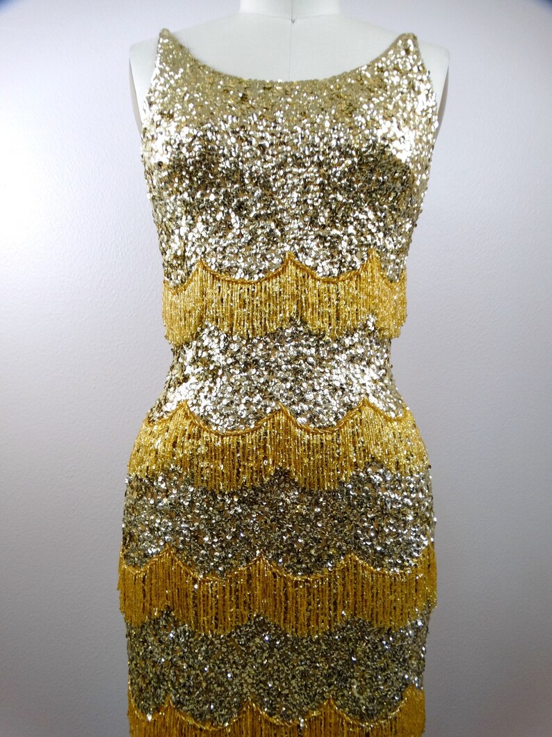 1950s Fully Sequined Fringe Black Dress