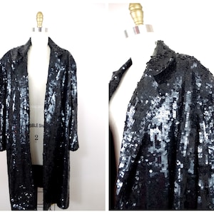 M/L Fully Sequined Coat / Jet Black Sequin Long Jacket / Formal Evening Dinner Cocktail Trench Coat Duster Blazer