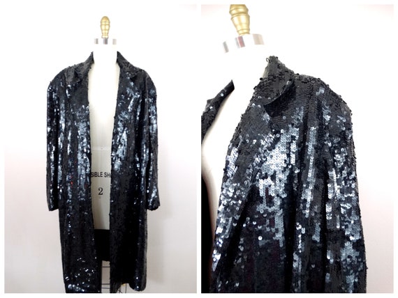 M/L Fully Sequined Coat Jet Black Sequin Long Jacket Formal