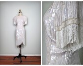 NAEEM KHAN Hand Beaded Fringe Dress / Iridescent Pearl White Sequined Dress / Art Deco Sequin Dress Small