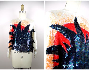 WILD Fully Sequined Top / Funky Neon Orange Sunset Sequin Embellished Crop Top / Iridescent Dolman Blouse