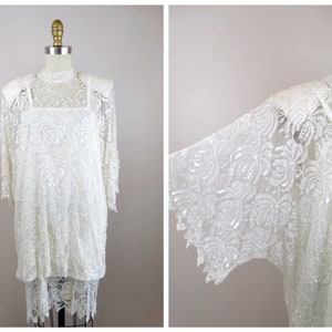 Sheer Lace Pearl Beaded Dress / Wedding Mini Dress / Off White Lace Sequin Embellished Tunic Dress