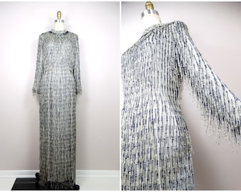 50s 60s HEAVILY Beaded Fringe Gown // HEAVY All Embellished Evening Dress // 1950's 1960's Tassel Beaded Couture Gown