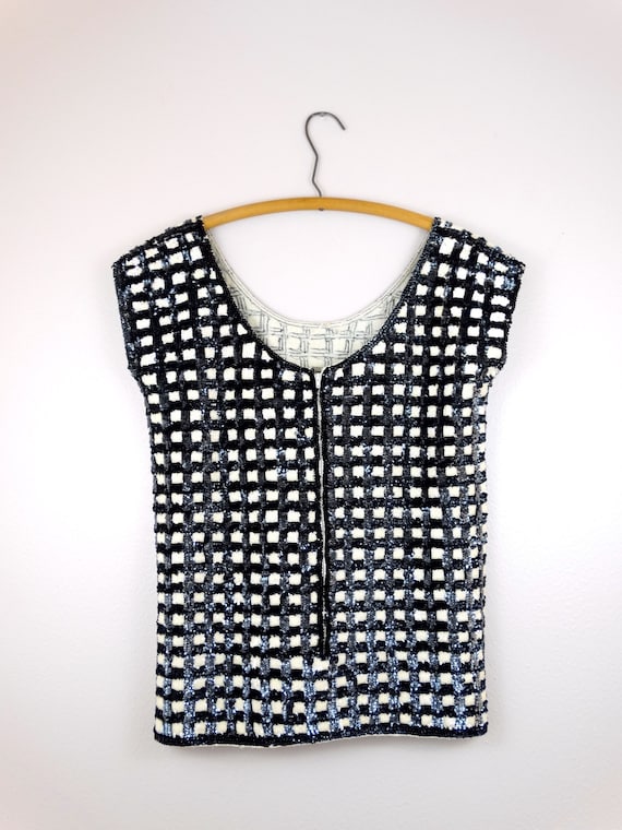 50s 60s Sequin Wool Top / Retro Black & Ivory Che… - image 4