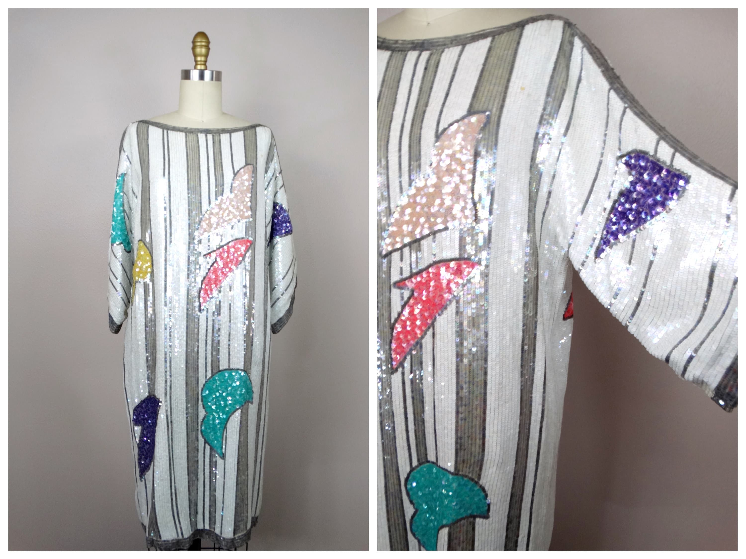Neiman Marcus Vintage Sequin Dress/Rare Couture White Art Deco S/M