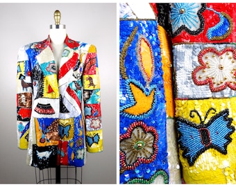 Rare Couture Sequin Embellished Blazer / Retro Abstract Colorblock Novelty Scene Sequined Beaded Jacket St. Martin by Jeanette