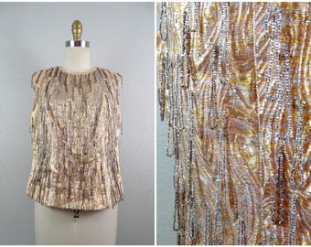 50s 60s MOD Fringe Beaded Gold and Silver Lame Brocade Top / 1950's 1960's