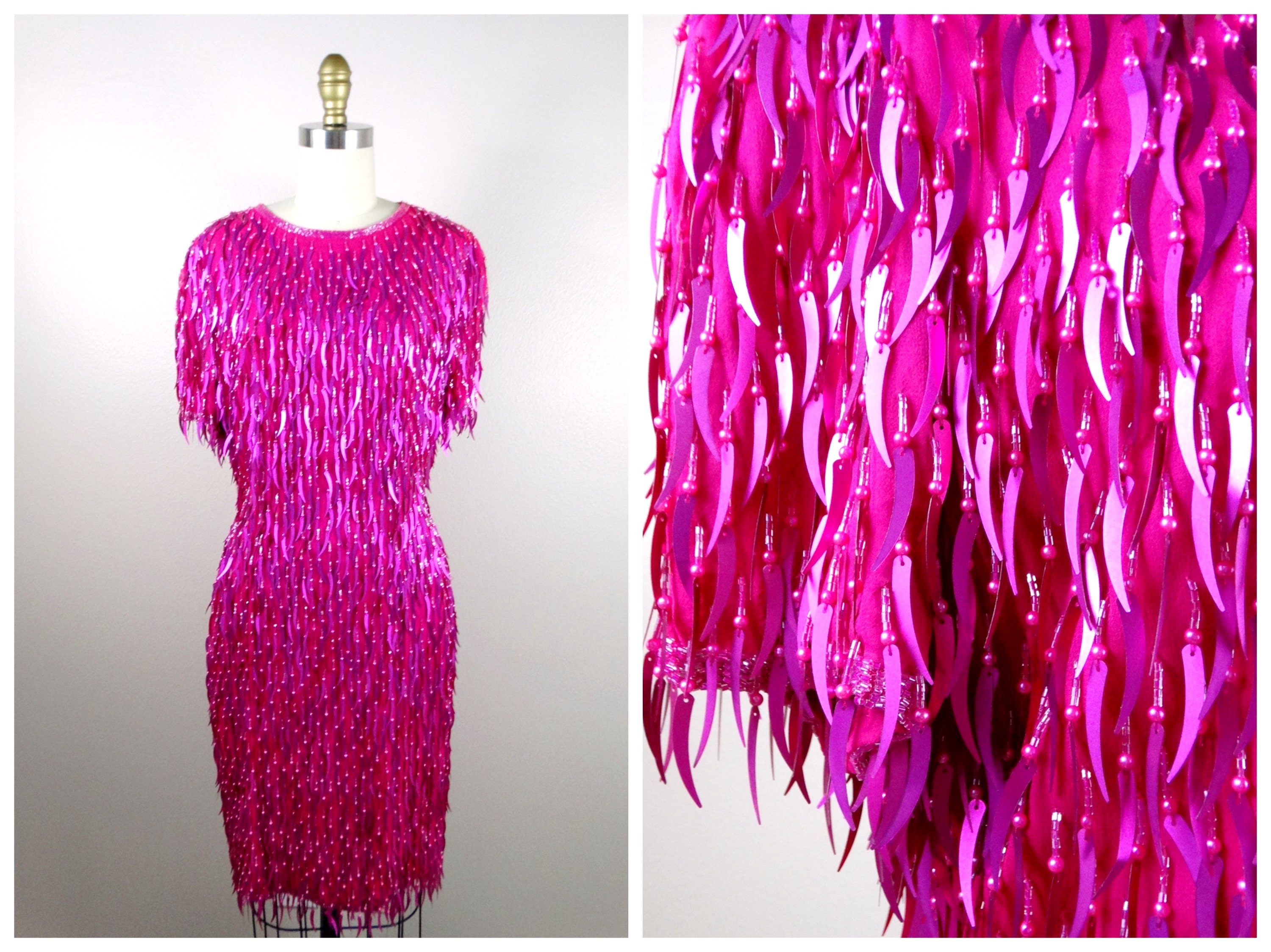 Cattail Sequined Fringe Beaded Dress // Hot Pink Silk Sequin Fringe Dress  // Magenta Sequin Embellished Wiggle Dress 