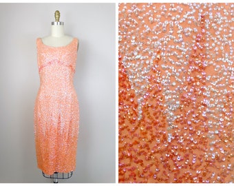 50s 60s Mod Sequined Dress / Retro 1950s Vintage Dress / Iridescent Peach Sequin Embellished Dress by Esther Pomerantz