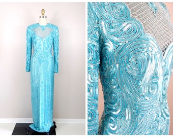Sukienka Naeem Khan z cekinami i koralikami / Pastel Blue Couture Vintage z odkrytymi plecami i długą długością od Lillie Rubin i RIAZEE