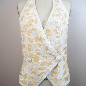 VTG Iridescent Sequined White Beaded Halter Top // Glass Beaded Bustier Vest Top // Ivory Silk Beaded Backless Top image 2