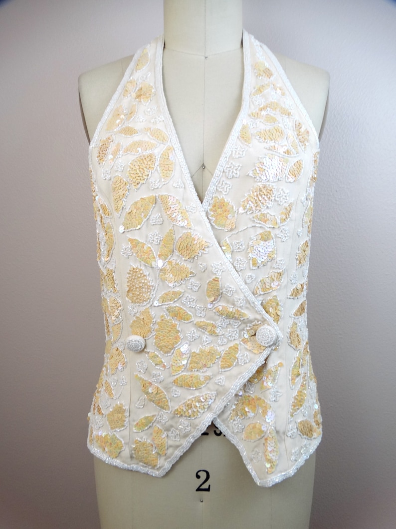 VTG Iridescent Sequined White Beaded Halter Top // Glass Beaded Bustier Vest Top // Ivory Silk Beaded Backless Top image 2