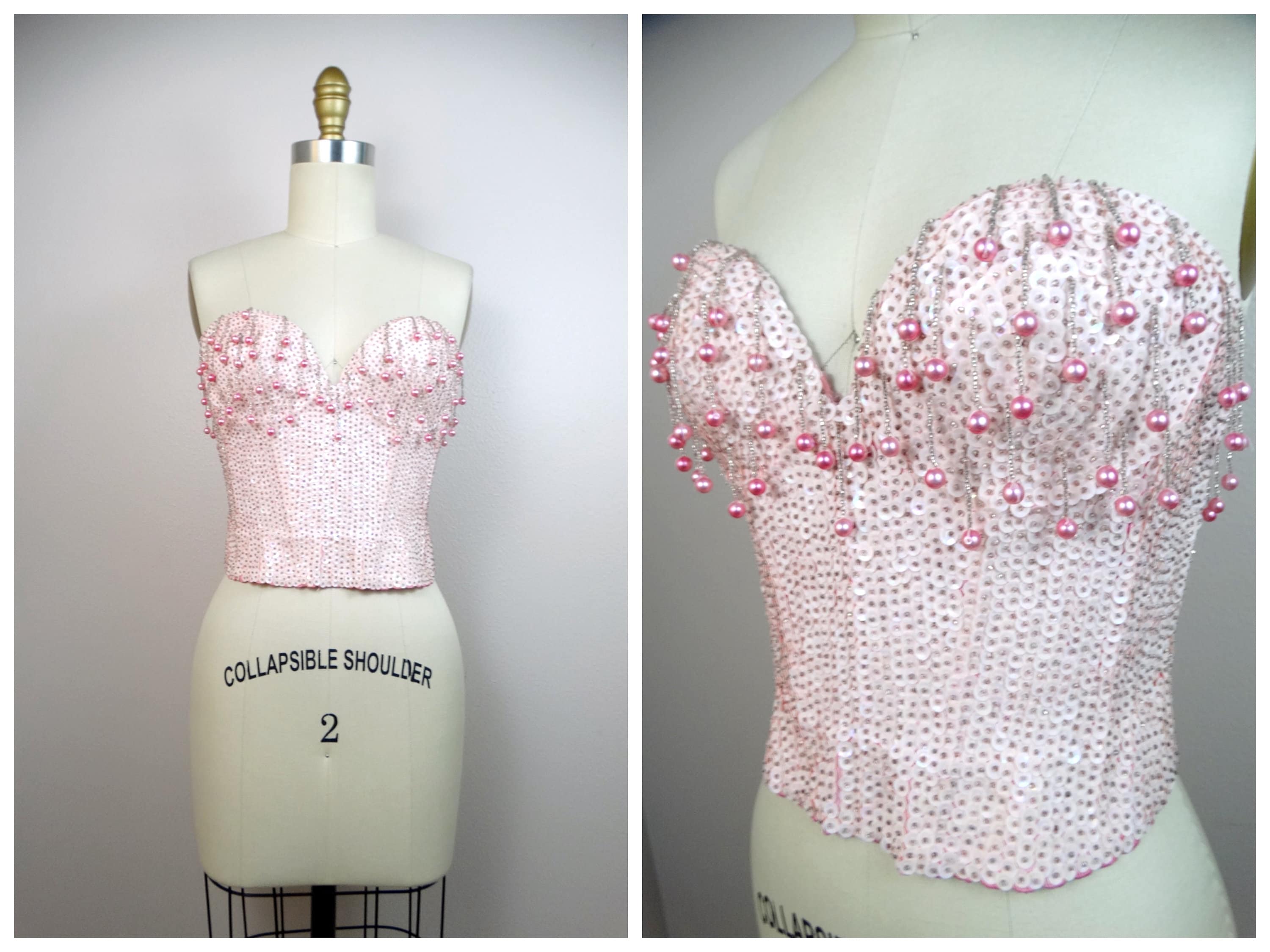 Glam Pink Fringe Pearl Beaded Sequined Bustier // Pastel