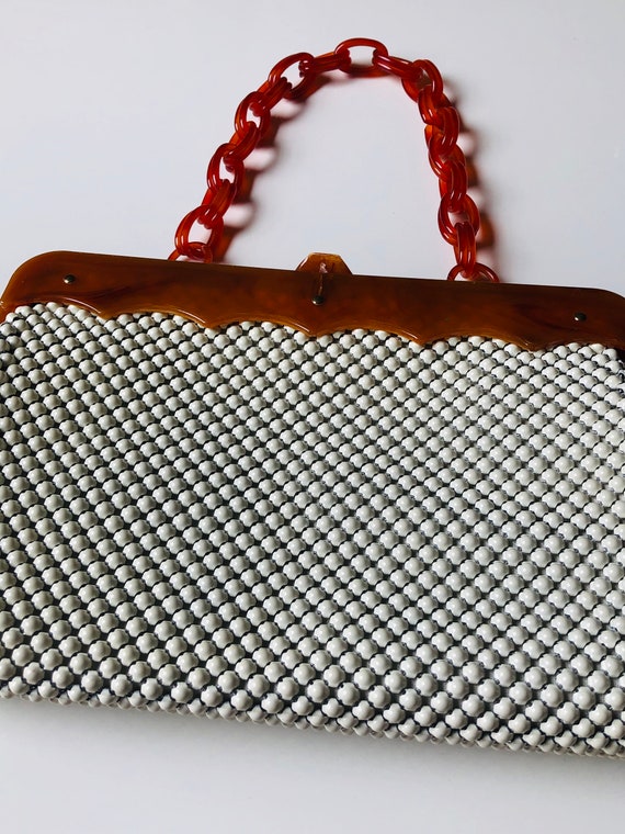Rare 1940s Lucite Handbag W/ Tortoise Chain // 30s 40s Ivory Metal 