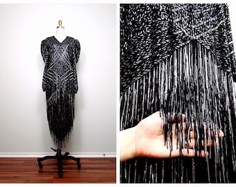 HEAVY Beaded Fringe Dress / HEAVILY Embellished Dress / Villain Costume Gown -- as is