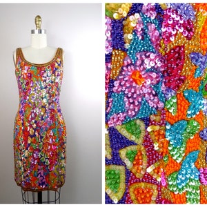 Glam Vintage Sequin Dress / Bright Embellished Mini Dress / Colorful Sequined Beaded Dress US Size 4