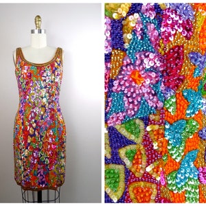 Bezauberndes Vintage Paillettenkleid / Helles Embelliertes Minikleid / Buntes Pailletten-Perlenkleid US Größe 6.5