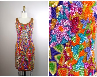 Vestido vintage glamuroso con lentejuelas / Minivestido con adornos brillantes / Vestido colorido con lentejuelas y cuentas (talla 6 de EE. UU.)