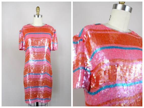 Pink & Orange Sequined Dress // Pastel Sequin Emb… - image 8