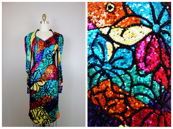 Heavily Beaded Rainbow Sequined Dress // Colorful… - image 1