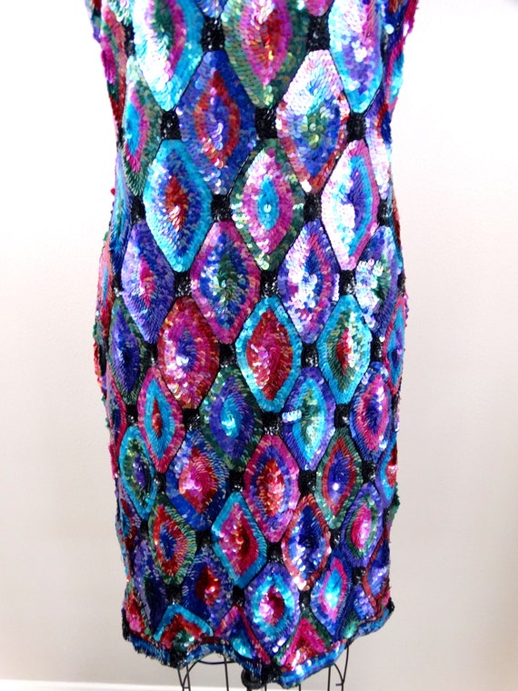 S/M Bright 1980s Sequin Dress / Pink Purple and B… - image 2