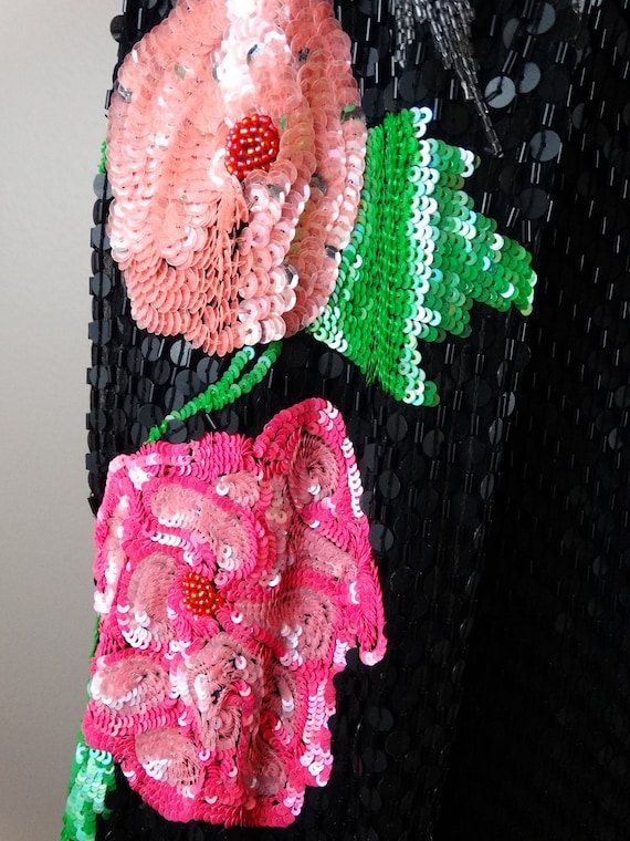 M/L Elegant Sequin Floral Sheer Silk Cardigan / H… - image 2