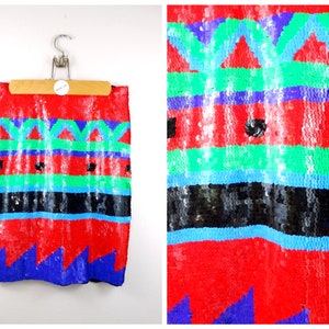 Vibrant Retro Sequin Skirt / Bright Red Purple and Green Neon Skirt