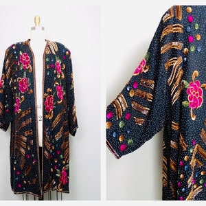Plus Size Sequined Beaded Duster Jacket / Art Deco Novelty Oversized Open Kaftan / Pink Floral Sequin Bohemian Vintage Swing Coat O/S