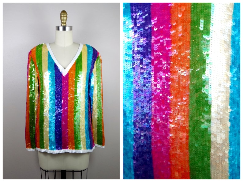 Rainbow Stripe Sequined Blouse / Bright & Colorful Sequin - Etsy