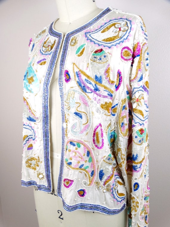 Pearl Beaded Pastel Sequin Cardigan Top / Vintage… - image 3