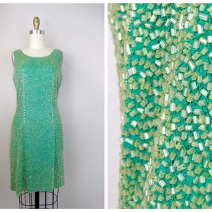 80s 90s Fully Beaded Dress / 1980&#39;s 1990&#39;s Vintage Chartreuse Green Silk Yellow Beaded Cocktail Dress