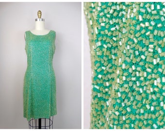 90s Fully Beaded Dress / Vintage Green Silk Yellow Beaded Cocktail Dress