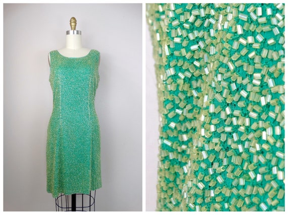 M/L Green & Yellow Beaded Dress / Amazing Heavily