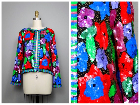 S/M Neon Sequin Floral Jacket / Bright Red Blue a… - image 1