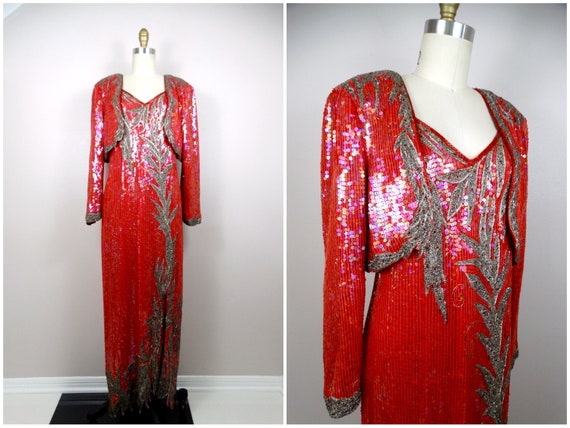 M/L Red Silk Sequined Beaded Evening Gown w/ Bole… - image 8