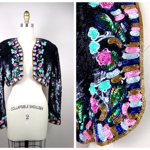 Tiny Floral Beaded Sequin Bolero / Dressy Evening Fully Sequined Cocktail Shrug / Glam Mini Jacket