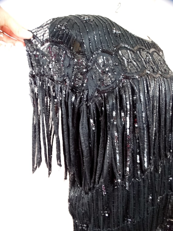 70s Black Lace Beaded 2 pc Fringe Gown // Art Dec… - image 2