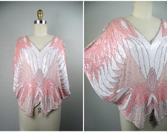 Vintage Sequined Butterfly Blouse / 80's Pink Sequin Embellished Silk Top