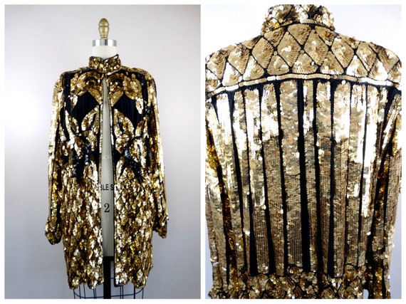 VTG Deco Gold Sequin Kimono Jacket / Boho Sequined