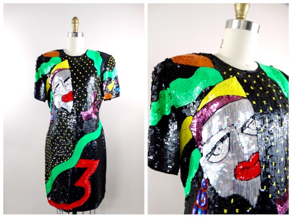 POP ART Funky Sequin Dress / RARE Retro Glam Sequ… - image 1