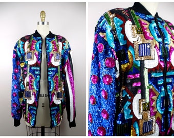 Chaqueta vintage rara con lentejuelas en tonos joya // Chaqueta bomber con lentejuelas de lunares en azul brillante y rosa // Abrigo retro con adornos de espejo