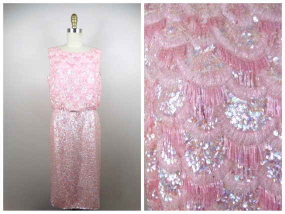 50s 60s Fringe Beaded Sequined Dress / Iridescent… - image 9