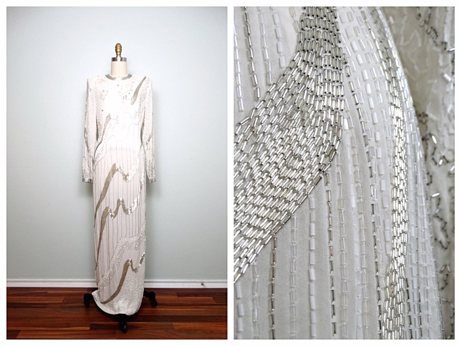 Heavily Beaded Wedding Gown White Silver Silk Beaded Full Etsy