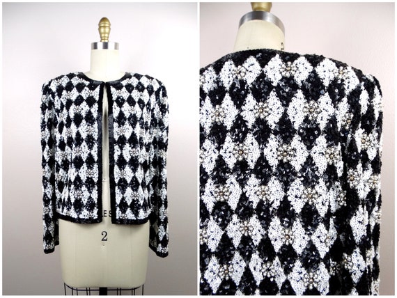 VTG Pearl Beaded Black and White Sequined Jacket … - image 7