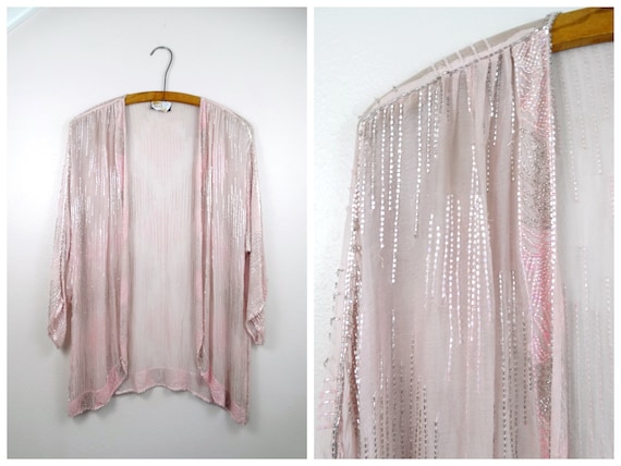 L/XL Sheer Beaded Blush Pink Silk Shrug // Pastel… - image 1