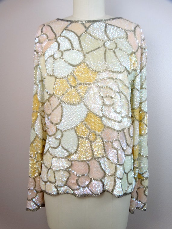 S/M Iridescent Sequined Beaded Ivory Cream Top / … - image 3